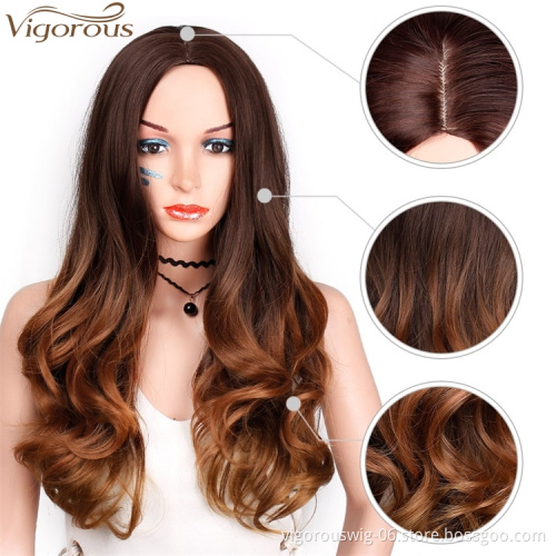 Vigorous Long Curly Wavy Dark Dark Blonde Wigs Middle Part Heat Resistant Glamorous Wig Synthetic Daily Party Women Wig